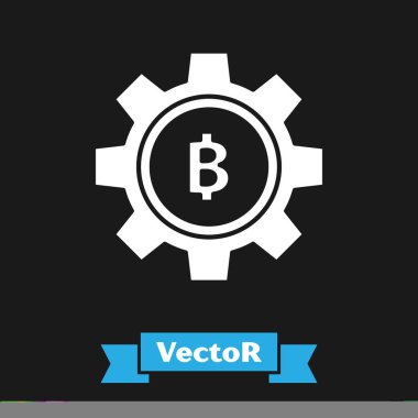 Beyaz Kripto Para Simgesi Bitcoin simgesi siyah arka planda izole edildi. Vites ve Bitcoin ayarı. Engelleme zinciri tabanlı şifreli para birimi. Vektör İllüstrasyonu