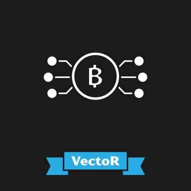 Siyah arka plan üzerinde izole mikroçip devre simgesi ile daire içinde Beyaz Cryptocurrency bitcoin. Blockchain teknolojisi, dijital para piyasası. Vektör İllüstrasyonu