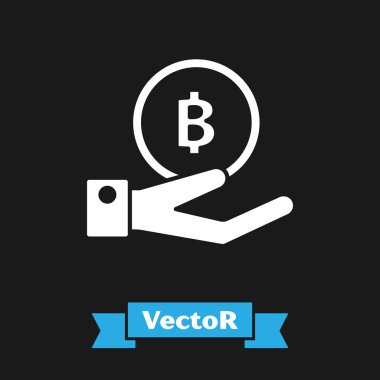 Beyaz El siyah arka plan üzerinde izole Bitcoin simgesi tutan. Blockchain teknolojisi, dijital para piyasası, kripto para cüzdanı. Vektör İllüstrasyonu