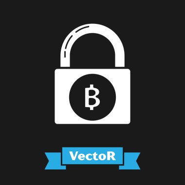 Siyah arka planda izole edilmiş bitcoin simgesine sahip Beyaz Kilit. Kripto para madenciliği, blockchain teknolojisi, güvenlik, koruma, dijital para. Vektör İllüstrasyonu