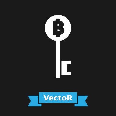 Beyaz Cryptocurrency Bitcoin anahtar simgesi siyah arka plan üzerinde izole. Teknoloji arayüzü ile siber güvenlik veya dijital anahtar kavramı. Vektör İllüstrasyonu
