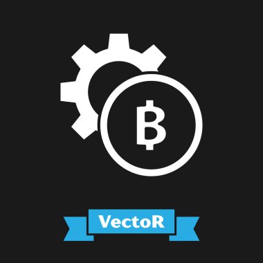 Beyaz Kripto Para Simgesi Bitcoin simgesi siyah arka planda izole edildi. Vites ve Bitcoin ayarı. Engelleme zinciri tabanlı şifreli para birimi. Vektör İllüstrasyonu