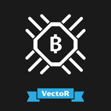 Beyaz Cpu madenciliği çiftlik simgesi siyah arka plan üzerinde izole. Bitcoin işlemci içinde işareti. Kripto para madenciliği topluluğu. Dijital para. Vektör İllüstrasyonu