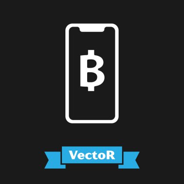 Beyaz Telefon cep telefonu ve kripto para sikke Bitcoin simgesi siyah arka plan üzerinde izole. Fiziksel biraz para. Blockchain tabanlı güvenli kripto para birimi. Vektör İllüstrasyonu