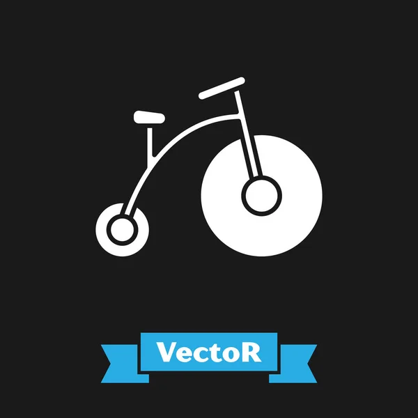 Vélo Vintage blanc avec une grande roue et une petite icône isolée sur fond noir. Panneau de transport public vélo. Illustration vectorielle — Image vectorielle