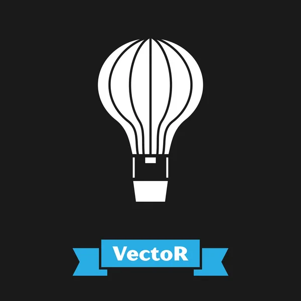 Weißes Heißluftballon-Symbol isoliert auf schwarzem Hintergrund. Luftverkehr für Reisen. Vektorillustration — Stockvektor