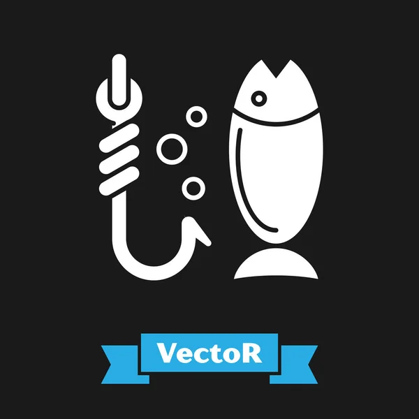 Icono de pesca blanca aislado sobre fondo negro. Pescado y anzuelo. Concepto estratégico. Señal de cebo. Ilustración vectorial — Vector de stock