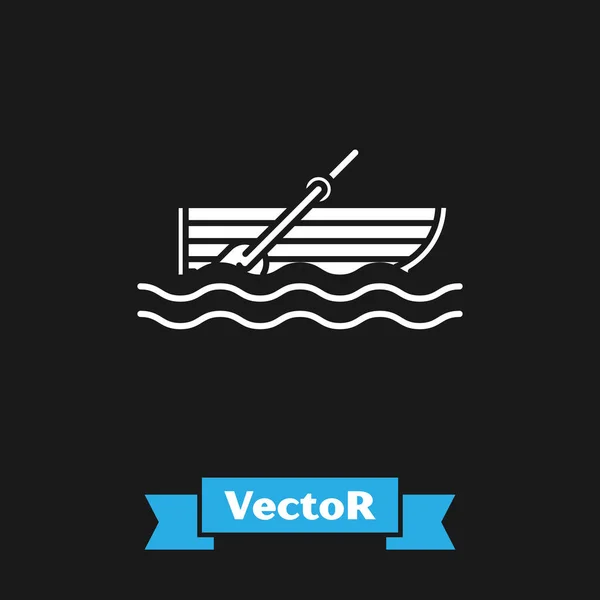 Barco de pesca blanco con remos en el icono del agua aislado sobre fondo negro. Ilustración vectorial — Vector de stock