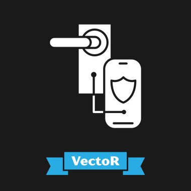 Siyah arka planda izole edilmiş kilit simgesi için kablosuz teknolojiye sahip Beyaz Dijital kapı kilidi. Kapı kolu işareti. Güvenlik akıllı ev. Vektör İllüstrasyonu