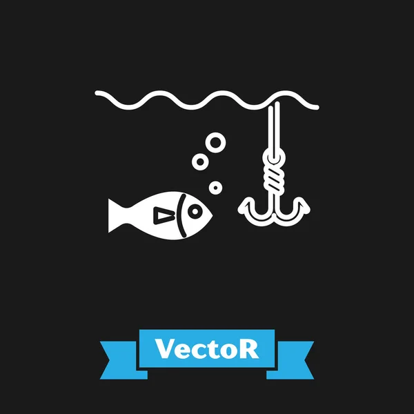Weißer Angelhaken unter Wasser mit Fischsymbol isoliert auf schwarzem Hintergrund. Angeln. Vektorillustration — Stockvektor