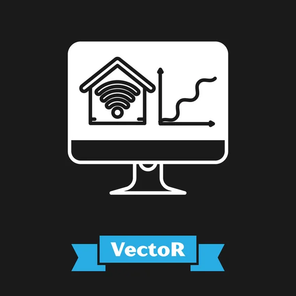 Monitor de computador branco com casa inteligente com ícone wi-fi isolado no fundo preto. Controlo remoto. Ilustração vetorial — Vetor de Stock