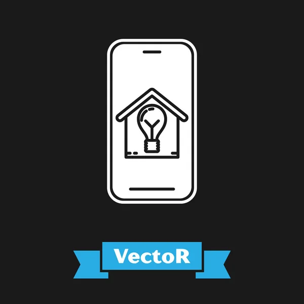 Teléfono móvil blanco con casa inteligente y bombilla icono aislado sobre fondo negro. Ilustración vectorial — Vector de stock