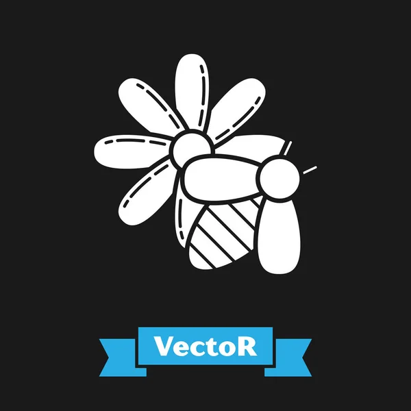 Weiße Biene und Blume Symbol isoliert auf schwarzem Hintergrund. süße natürliche Nahrung. Honigbiene oder Apis mit Flügeln Symbol. Fliegendes Insekt. Vektorillustration — Stockvektor