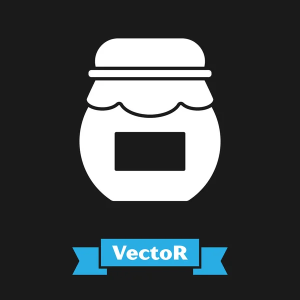 White Jar of honey icon isolated on black background. Food bank. Sweet natural food symbol. Vector Illustration