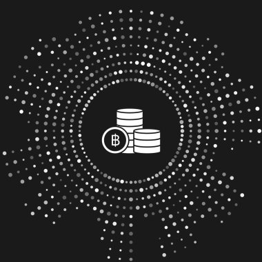 Gri arka planda yalıtılmış Beyaz Cryptocurrency sikke Bitcoin simgesi. Blockchain teknolojisi, bitcoin, dijital para piyasası, kripto para cüzdanı. Soyut daire rasgele nokta. Vektör İllüstrasyonu