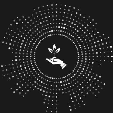 Gri arka planda izole çevre koruma simgesi elinde Beyaz Bitki. Tohum ve fide. Fidan dikimi. Ekoloji kavramı. Soyut daire rasgele nokta. Vektör İllüstrasyonu