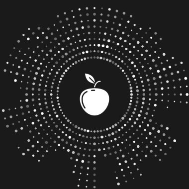 Gri arka planda yalıtılmış beyaz Elma simgesi. Yaprak sembolü olan meyve. Soyut daire rasgele nokta. Vektör İllüstrasyonu
