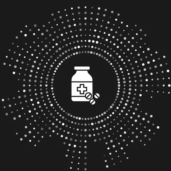 Botella de medicina blanca y pastillas icono aislado sobre fondo gris. Signo de la píldora. Diseño de farmacia. Puntos aleatorios de círculo abstracto. Ilustración vectorial — Vector de stock