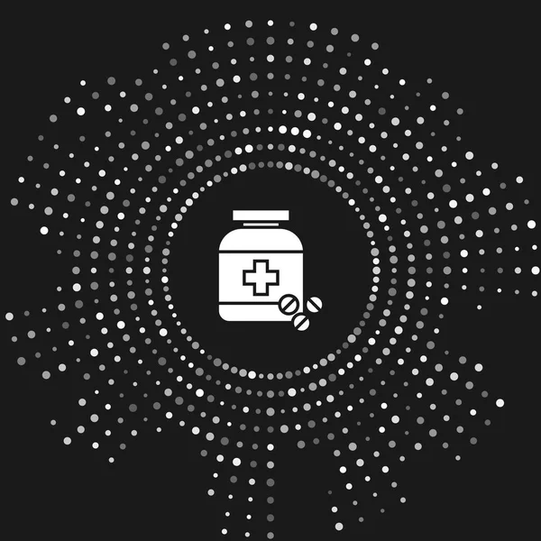 Botella de medicina blanca y pastillas icono aislado sobre fondo gris. Signo de la píldora. Diseño de farmacia. Puntos aleatorios de círculo abstracto. Ilustración vectorial — Vector de stock