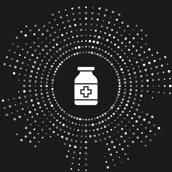 Icono de la botella White Medicine aislado sobre fondo gris. Signo de la píldora. Diseño de farmacia. Puntos aleatorios de círculo abstracto. Ilustración vectorial — Vector de stock