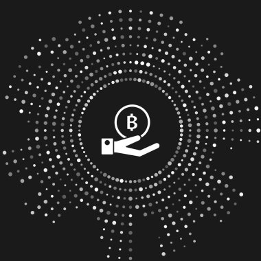 Beyaz El, gri arka planda izole edilmiş Bitcoin simgesini tutuyor. Blockchain teknolojisi, dijital para piyasası, kripto para cüzdanı. Soyut daire rasgele nokta. Vektör İllüstrasyonu