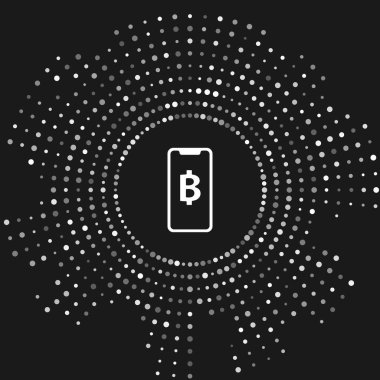 Beyaz Telefon cep telefonu ve kripto para sikke Bitcoin simgesi gri arka plan üzerinde izole. Fiziksel biraz para. Blockchain tabanlı güvenli kripto para birimi. Soyut daire rasgele nokta. Vektör İllüstrasyonu