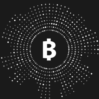 Gri arka planda yalıtılmış Beyaz Cryptocurrency sikke Bitcoin simgesi. Fiziksel biraz para. Blockchain tabanlı güvenli kripto para birimi. Soyut daire rasgele nokta. Vektör İllüstrasyonu