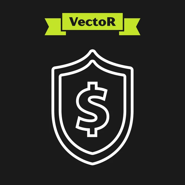 Weißes Linienschild mit Dollarsymbol-Symbol auf schwarzem Hintergrund. Schutzschild. Geld-Sicherheitskonzept. Vektorillustration — Stockvektor