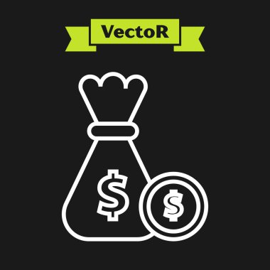 Siyah arka planda beyaz çizgi para çantası ve madeni para simgesi var. Dolar ya da USD sembolü. Nakit bankacılık tabelası. Vektör İllüstrasyonu