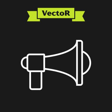 Beyaz çizgi Megafon simgesi siyah arka plan üzerinde izole. Yüksek sesli konuşma uyarısı kavramı. Sözcü için Bullhorn çığlık promosyon. Vektör İllüstrasyonu