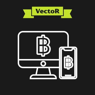 Siyah arka planda izole pound sterlin simgesi ile Beyaz hat Bilgisayar monitörü. Online alışveriş konsepti. İnternettekazanç. Vektör İllüstrasyonu