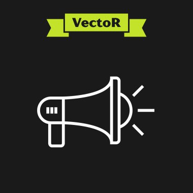 Beyaz çizgi Megafon simgesi siyah arka plan üzerinde izole. Yüksek sesli konuşma uyarısı kavramı. Sözcü için Bullhorn çığlık promosyon. Vektör İllüstrasyonu