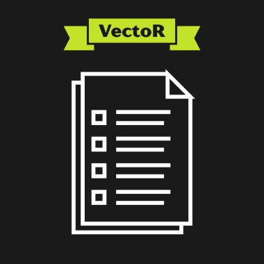 Siyah arkaplanda beyaz çizgi dosya simgesi izole edildi. Kontrol listesi simgesi. İş konsepti. Vektör İllüstrasyonu