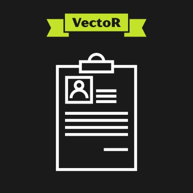 Siyah arka planda izole edilmiş özgeçmiş simgesine sahip beyaz çizgi Panosu. Cv başvurusu. Özgeçmiş, profil fotoğrafı ile iş başvuru formu. Vektör İllüstrasyonu