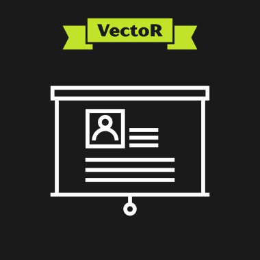 Siyah arka planda izole edilmiş özgeçmiş simgesine sahip beyaz çizgi panosu. Cv başvurusu. Profesyonel personel aranıyor. Analiz personel devam. Vektör İllüstrasyonu