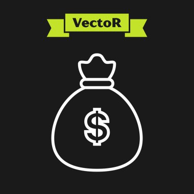 Beyaz çizgi Para çantası simgesi siyah arka plan üzerinde izole. Dolar veya Usd sembolü. Nakit Bankacılık para birimi işareti. Vektör İllüstrasyonu