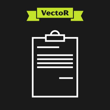 Beyaz çizgi Belge simgesi siyah arka planda yalıtılmış. Dosya simgesi. Denetim listesi simgesi. İş konsepti. Vektör İllüstrasyonu