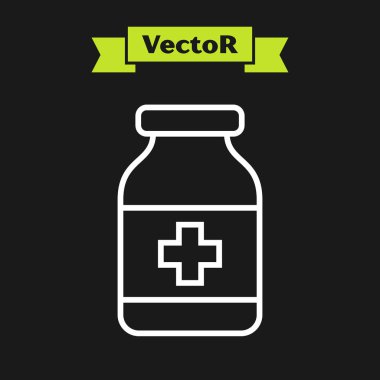 Siyah arka planda beyaz çizgi tıp ikonu var. Şişe hapı işareti. Eczane tasarımı. Vektör İllüstrasyonu