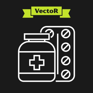 Beyaz çizgi Tıp şişe ve hap simgesi siyah arka plan üzerinde izole. Şişe hapı işareti. Eczane tasarımı. Vektör İllüstrasyonu