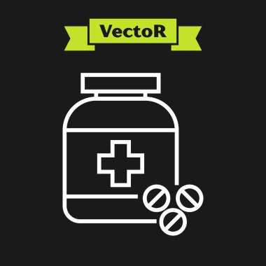 Beyaz çizgi Tıp şişe ve hap simgesi siyah arka plan üzerinde izole. Şişe hapı işareti. Eczane tasarımı. Vektör İllüstrasyonu