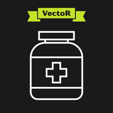 Siyah arka planda beyaz çizgi tıp ikonu var. Şişe hapı işareti. Eczane tasarımı. Vektör İllüstrasyonu