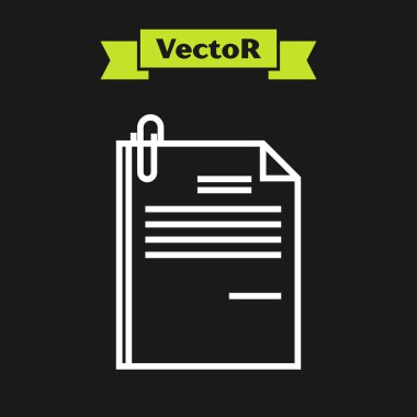 Beyaz satır Dosya belgesi ve siyah arka planda yalıtılmış ataş simgesi. Denetim listesi simgesi. İş konsepti. Vektör İllüstrasyonu