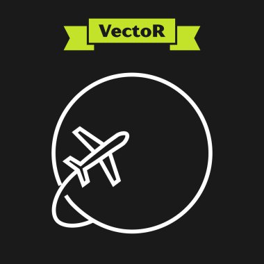 Beyaz çizgi Küre uçan uçak simgesi siyah arka plan üzerinde izole ile. Uçak dünya gezegeninin etrafında uçar. Uçak dünya simgesi. Vektör İllüstrasyonu