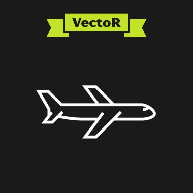 Beyaz çizgi Düzlem simgesi siyah arka planda yalıtılmış. Uçan uçak simgesi. Uçak işareti. Vektör İllüstrasyonu