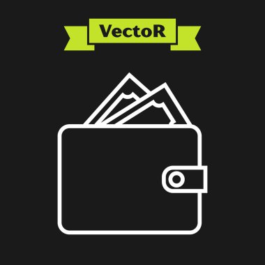 Beyaz çizgili cüzdan, siyah arka planda izole edilmiş kağıt para ikonu. Çanta ikonu. Nakit tasarruf sembolü. Vektör İllüstrasyonu