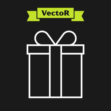 Beyaz çizgi Hediye kutusu simgesi siyah arka planda yalıtılmış. Vektör İllüstrasyonu