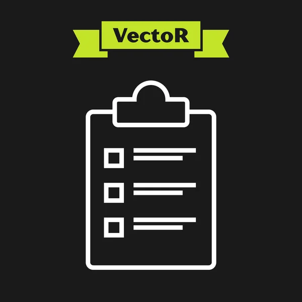 Portapapeles de línea blanca con icono de lista de verificación aislado sobre fondo negro. Símbolo de lista de control. Encuesta o formulario de respuesta al cuestionario. Ilustración vectorial — Vector de stock