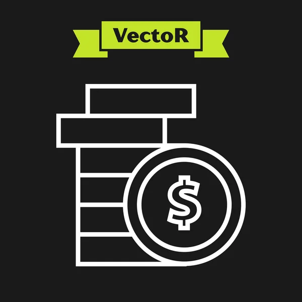 Белая линия Монеты деньги с символом доллара значок изолирован на черном фоне. Банковский знак валюты. Символ денег. Векторная миграция — стоковый вектор