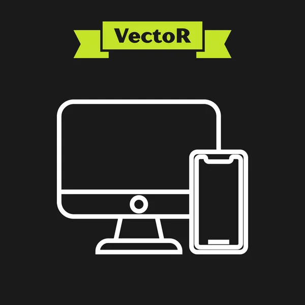 Computermonitor mit weißer Linie und Handy-Symbol isoliert auf schwarzem Hintergrund. Erträge im Internet, Marketing. Vektorillustration — Stockvektor