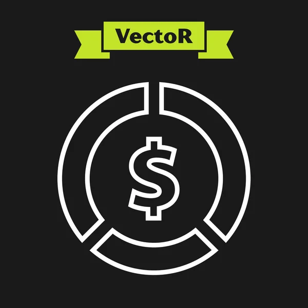 Weiße Linie Münzgeld mit Dollarsymbol Symbol isoliert auf schwarzem Hintergrund. Zeichen der Bankenwährung. Cash-Symbol. Vektorillustration — Stockvektor